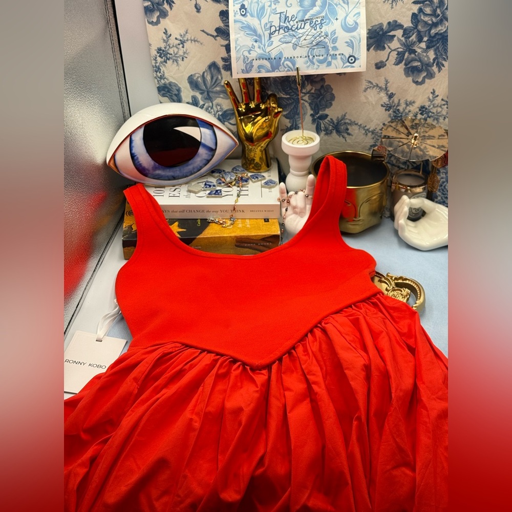🆕 RONNY KOBO 🧿 NWT Verda Red Stretch Knit Dress, Poplin Skirt - Sz M (US6) - Picture 12 of 14